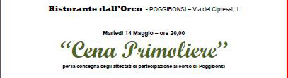 Cena “Primoliere” Poggibonsi – 14 Maggio -ore 20.00